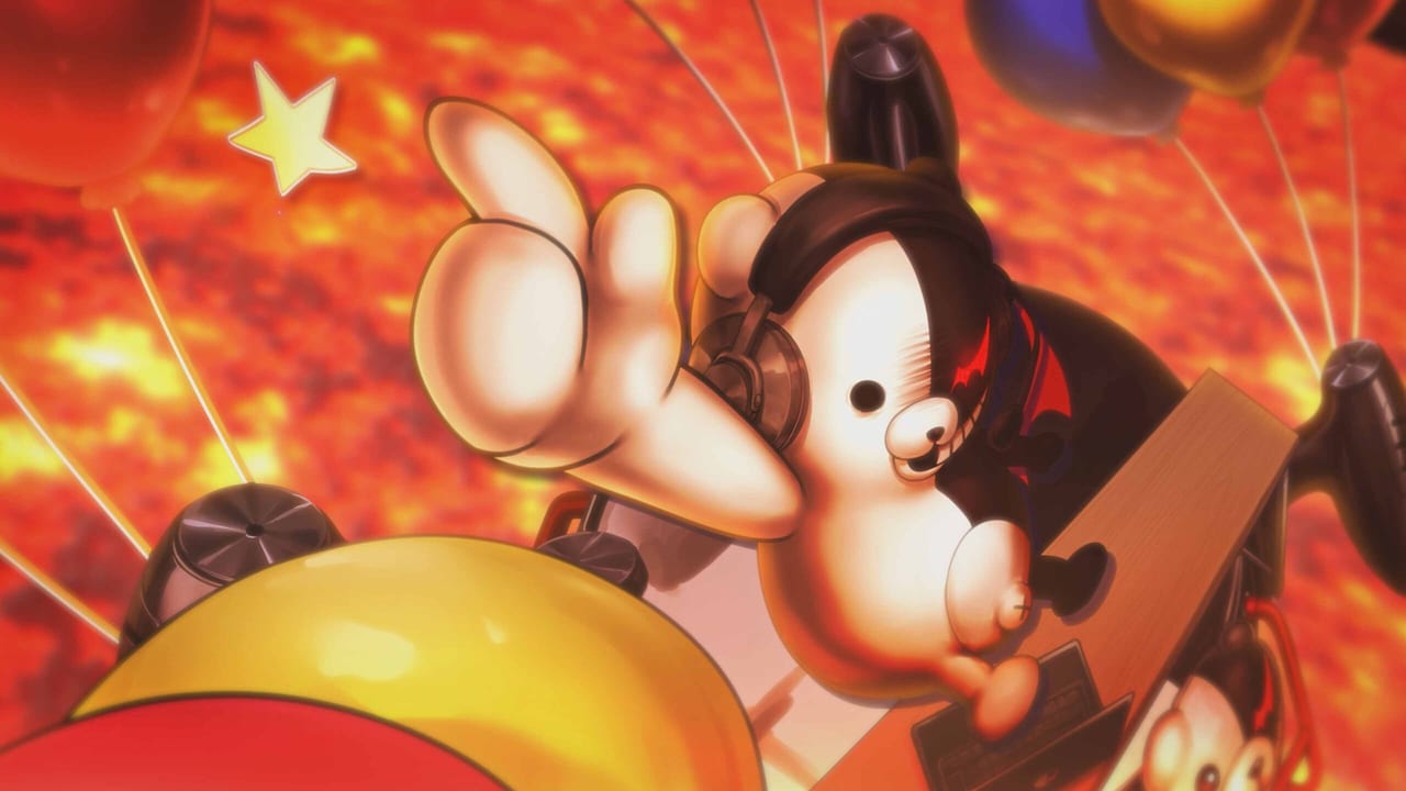 Cinématique Danganronpa 2x2 : Monokuma au-dessus d'une scène tropicale avec des ballons